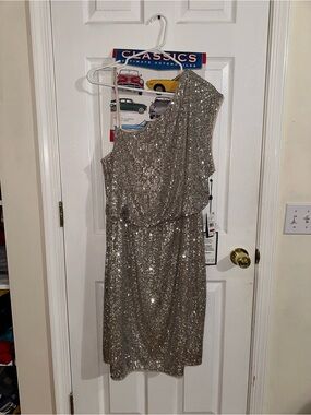 Adrianna Papell One-Shoulder Silver Sequin Cocktail Dress